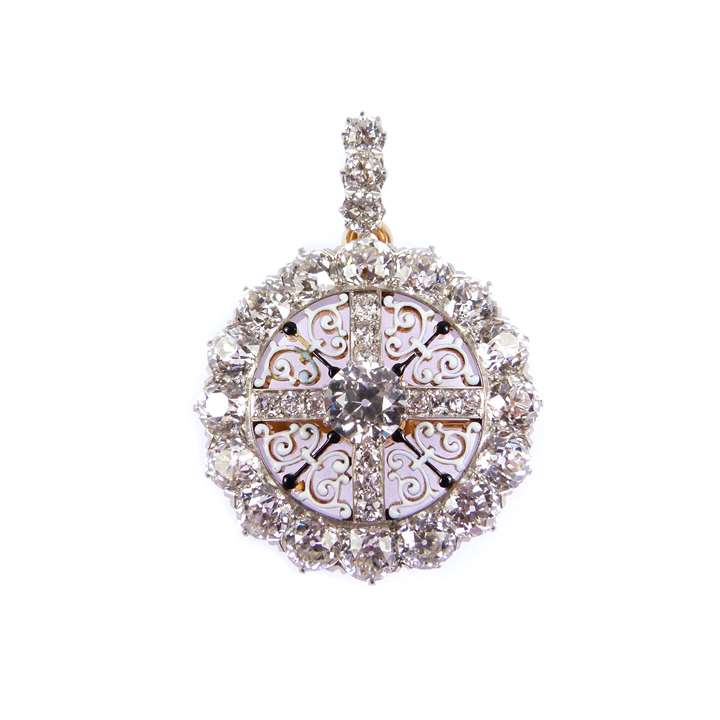 Antique diamond and enamel circular cluster brooch pendant